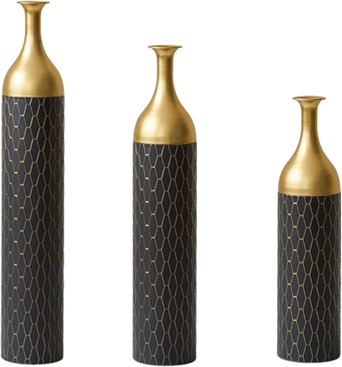 Metal Floor Vases Decorative, Set of 3 Flower Arrangement Stand, Tall Gold＆Black Metal Floor Vases for Living Room, Bedroom & Entryway, 34.25", 30.31", 24.8" H (Gold＆Black)