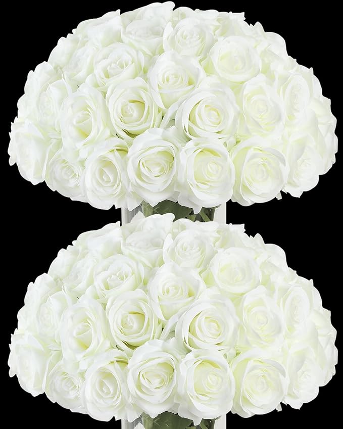50pcs Artificial Roses Flowers in Bulk,Realistic Silk Fake Rose with Long Stem for Wedding Centerpieces Bouquet Party Floral Arrangement Home Decoration(Ivory White)