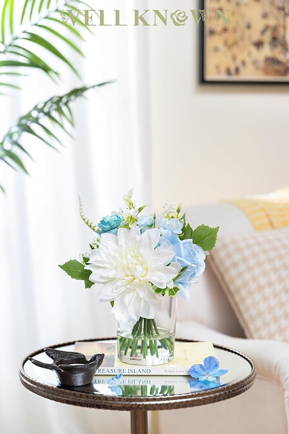 WELL KNOWN Artificial Flowers in Glass Vase with Fake Water, Silk Rose Dahlia Flower Bouquet for Home Dinning Tea Table, Office Desktop, Hotel, Wedding, Party, Lavatory Decor & Gift (Blue & White)