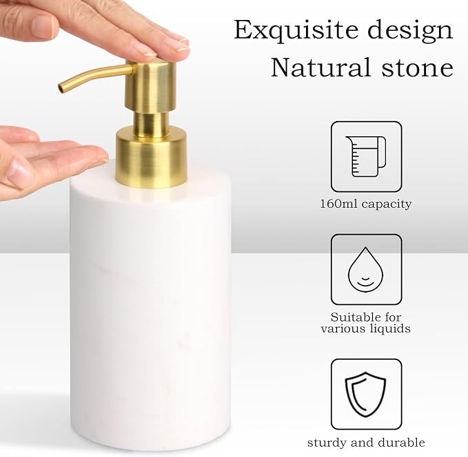 Natural Marble Soap Dispenser for Bathroom and Kitchen Countertop - 5.41 Ounces Hand Lotion and Liquid Stone Shampoo Laundry Bottle with Pump (1, White, Cylindrical Bottle)