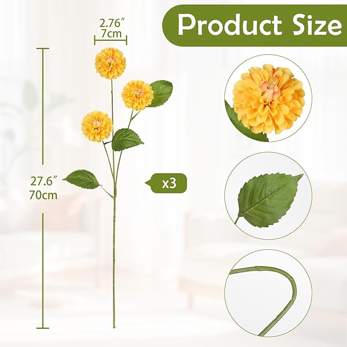 Hollyone 27.5" Yellow Artificial Dahlia Flowers 3Pcs Fake Roses Bouquet Ball Dahlia Flower Arrangement Faux Pincushion Flower with 3 Heads Long Stem for Centerpiece Home Decor