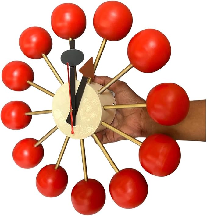Mid Century Modern Ball Clock – George Nelson Style Wooden Wall Clock, Retro Starburst Design, Silent Non-Ticking Decorative Wall Decor for Living Room, Office, Kitchen & Home (Red, 30 Inch)