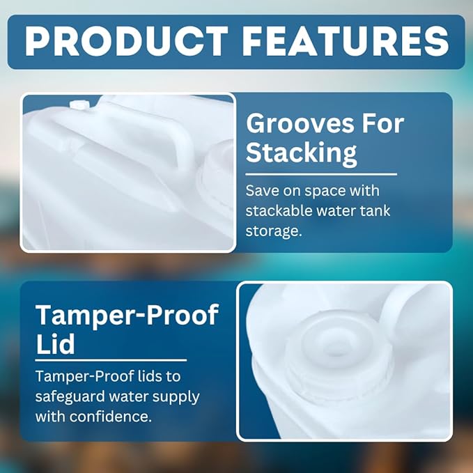 5-Gallon Stackable Water Storage Containers, Water Treatment,5 Gallons w/ 12Lids + 4 Spigot, Easy Fill, Survial Supply Emergency Water Storage for Disaster Preparedness, 40 Gallon (8 Tanks)