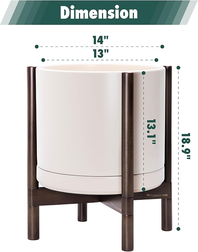 D'vine Dev Ceramic Planter with Walnut Color Stand - 14 Inch Modern Round Flower Pot with Wood Planter Holder, Oatmeal, 55-B-T-8
