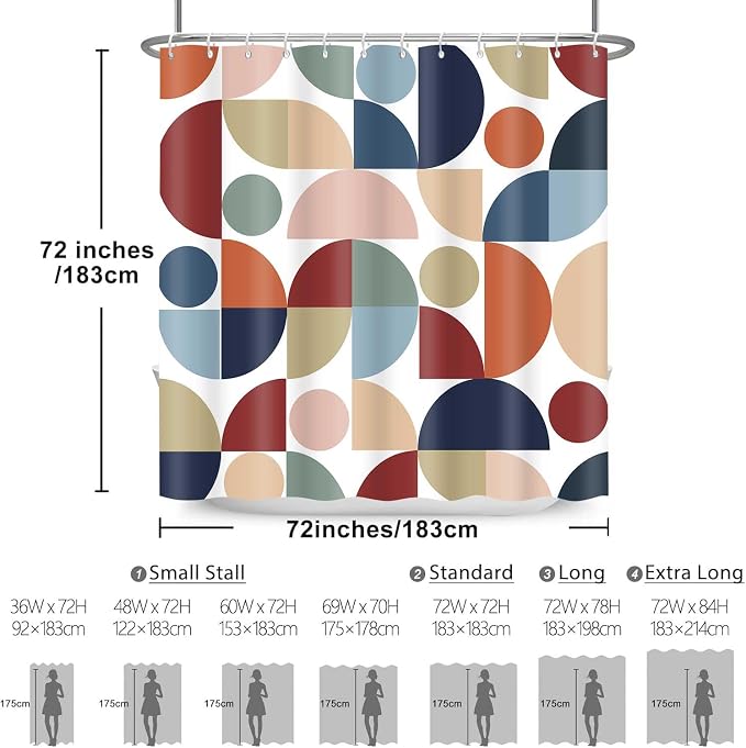 Mid Century Colorful Geometric Shower Curtain Vintage Rainbow Abstract Art Bathroom Curtain Decor 72x72 Inch Washable Fabric Retro Bright Boho Circle Patterned Bath Curtain with 12 Hooks
