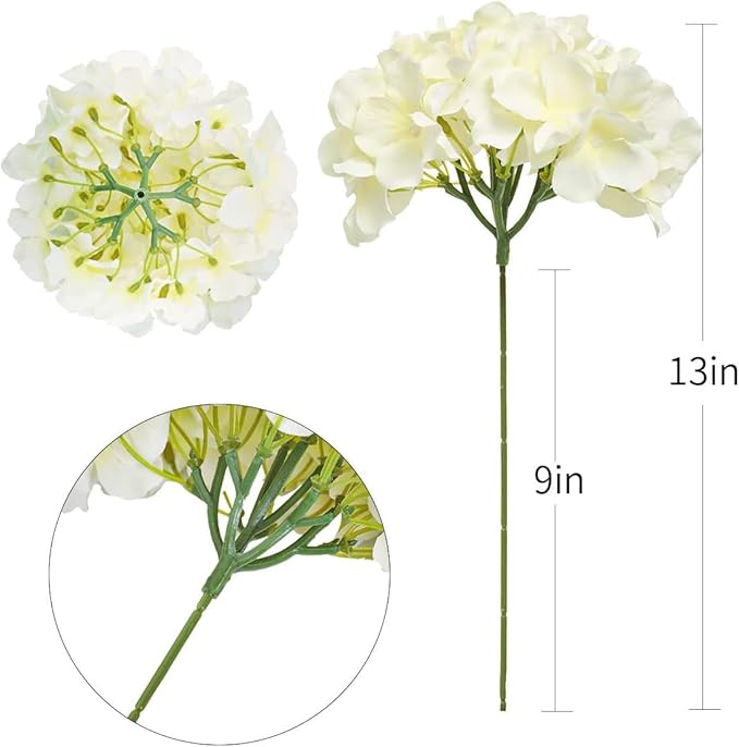 Fake White Hydrangea Artificial Flowers - Faux Silk Hydrangeas Flowers Heads with Stems Real Touch for Home Wedding Party Table Decor(CreamWhite,Pack of 10)