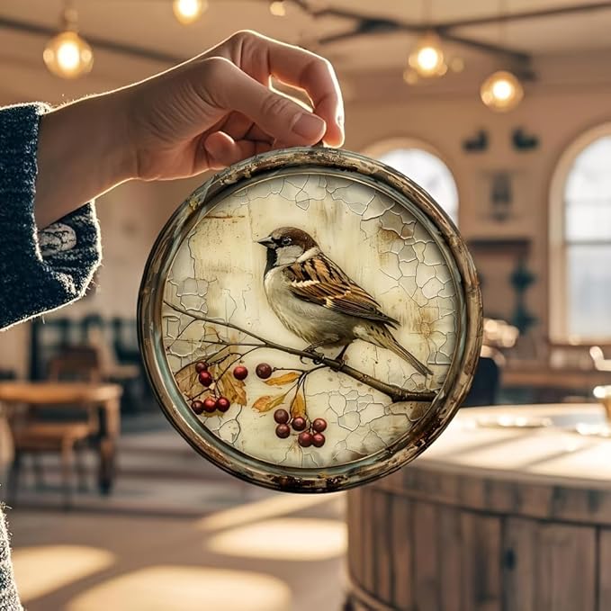 A Vintage Bird with a Cherry Round Wooden Sign, 8X8 Inches, Printed Wooden Wall Art, Suitable for Home, Kitchen, Garden, And Office Decor - The Perfect Holiday Gift.
