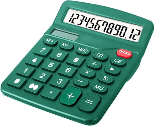 12 Digits Desktop Calculator - Large LCD Display, Dual Solar Power & Battery | Dark Green
