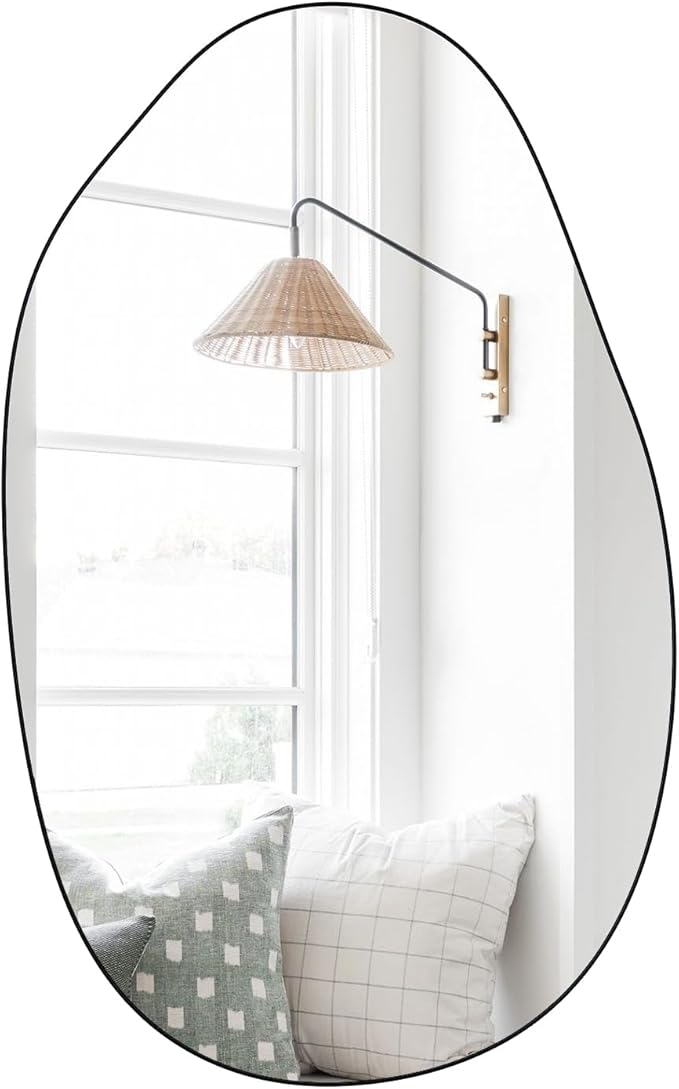 Black Mirror for Bathroom,20.5"x33.5" Wood Framed Vanity Mirror,Irregular Oval Wall Mirror Asymmetrical Aesthetic Mirror for Living Room Bedroom Entryway Horizontal/Vertical