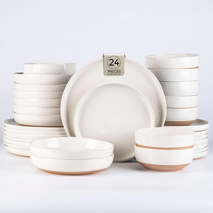 AmorArc Ceramic Dinnerware Sets with Pasta Bowls for 6, Handpainted Plates and Bowls Set with Rustic Terracotta Underside, Scratch Resistant Dishes Set, Dishwasher & Microwave Safe, 24 Pcs