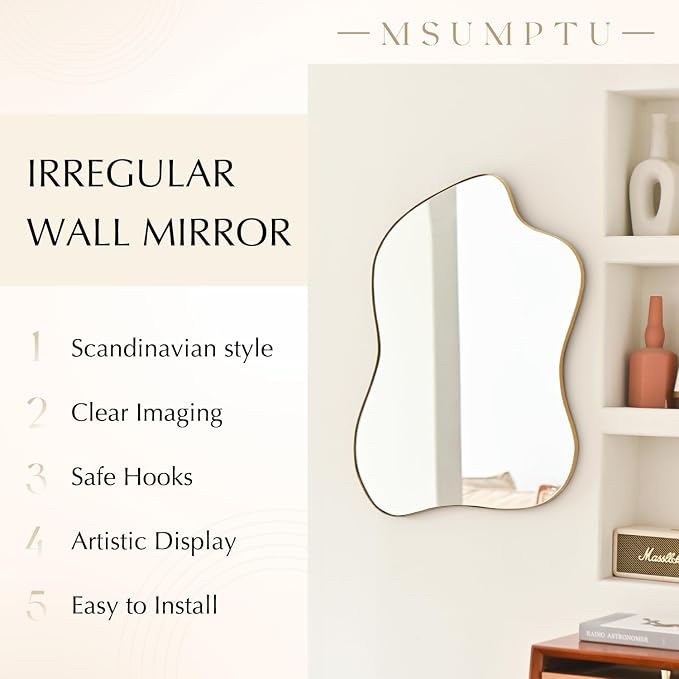 Irregular Wall Mirror Gold Wave Shaped Metal Framed Wall Mirror for Bathroom Bedroom Entryway Living Room Wall Decor 34" L x 25.5" W 2302Gold