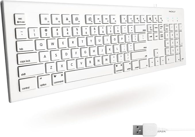 Macally Full Size USB Wired Keyboard for Mac and PC - Plug & Play Wired Computer Keyboard - Compatible Apple Keyboard with 15 Shortcut Keys for Easy Controls & Navigation of Macbook Pro/Air, iMac