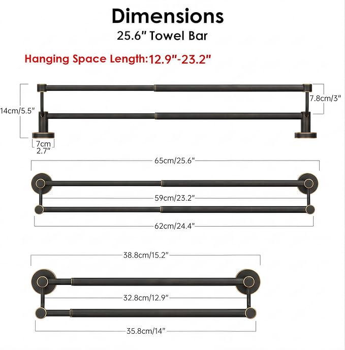 BESy Adjustable 16-26Inches Double Bath Towel Bar for Bathroom SUS304 Stainless Steel Towel Holder, Hotel Style Wall Mount with Screws Hand Towel Bar Towel Rack Rod Hanger, Oil Rubbed Bronze