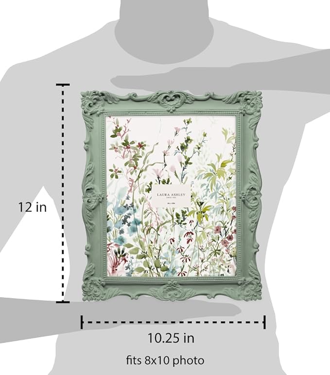 Laura Ashley 8x10 Matt Rosemary Ornate Textured Hand-Crafted Resin Picture Frame with Easel, for Tabletop & Wall Display, Decorative Floral Design Home Décor, Photo Gallery, Art (8x10, Matt Rosemary)