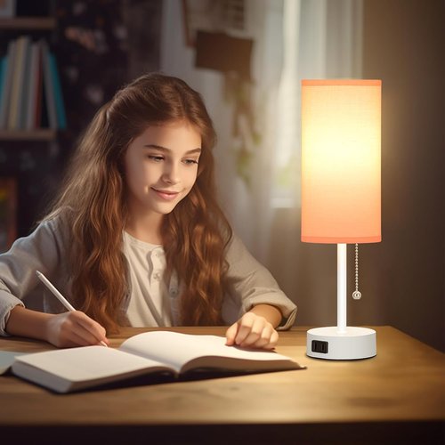 Dott Arts Table Lamp - 3-Color Bedside Lamp with Pull Chain | Pink Nightstand Light, Bulb Included