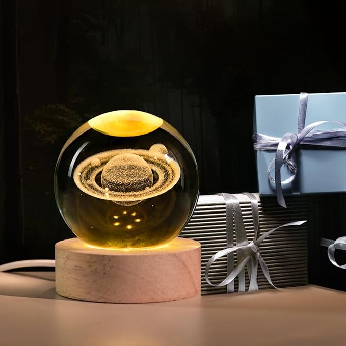 3D Saturn Crystal Ball with LED Stand, 60mm Glass Sphere Decorative Balls Lamp, Space Planet Model Galaxy Night Light Gifts for Women Kids