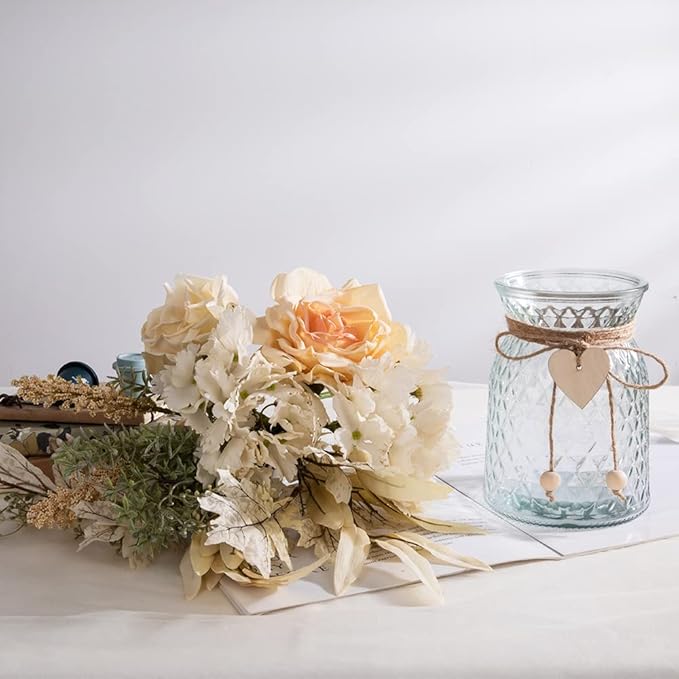 Silk Rose Flowers in Vase, Artificial Flowers Arrangement with Glass Vase Faux Hydrangea Rose for Decoration Table Centerpiece (Hydrangea Rose)