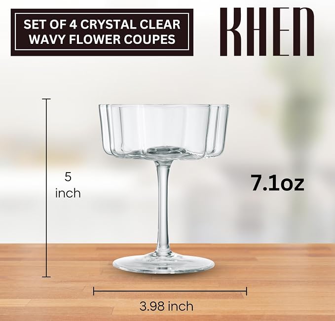 Flower Scalloped Vintage Wavy Petals Wave Glass Coupes 7oz Colorful Martini, Champagne & Cocktails, 4 Set Clear Rippled Champagne Glasses, Elegant Bar Glassware, Unique Aesthetic Coupe Glassware Gifts