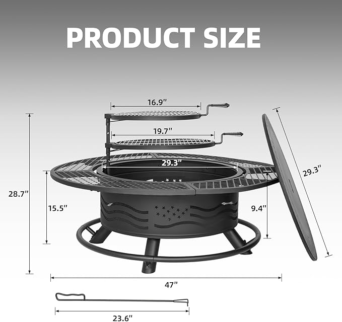 Panovue 47 Inch Fire Pit with 2 Cooking Grates, Outdoor Wood Burning BBQ Grill Firepit Bowl with Cover Lid, Steel Round Table for Backyard Bonfire Patio Picnic (Black, 47IN)