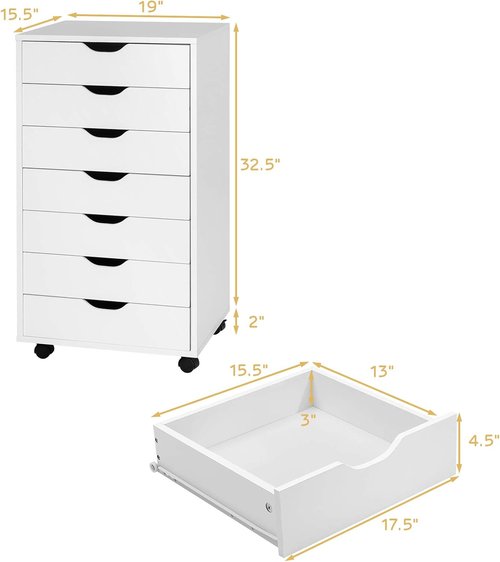 Regine Switzerland 7-Drawer Filing Cabinet - Mobile Vertical Office Storage with Wheels | White Finish