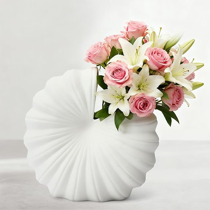 White Shell-Shaped Ceramic Vase for Flowers, 8 Inch Nordic Flower Vases