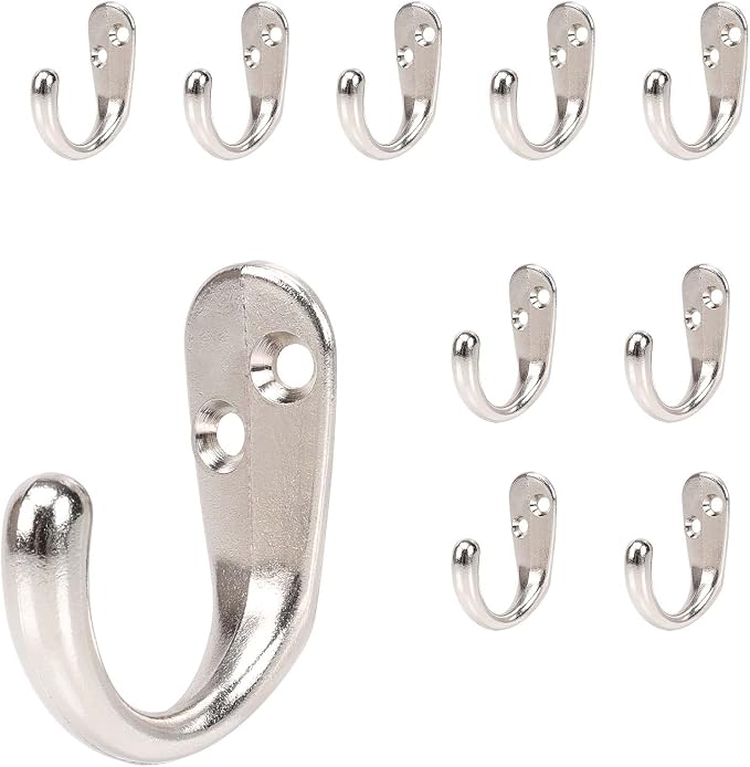 NearMoon Coat Hooks Wall Mounted - Heavy Duty Metal Single Prong Robe Hanger Rustproof Wall Hooks for Towel Hat Key Bag on Bathroom, Kitchen, Livingroom(10 Pack, Silvery)