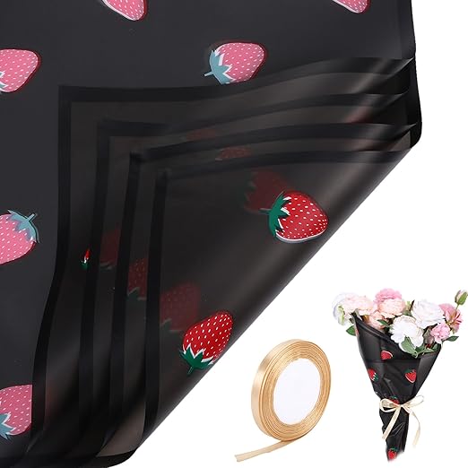 20 Sheets Flower Wrapping Paper, Translucent Strawberry Matte Black Wrapping Paper With Ribbon, Black Floral Papers for Bouquets, Wrapping Papers for Gifts Birthday Wedding Christmas Girl Halloween