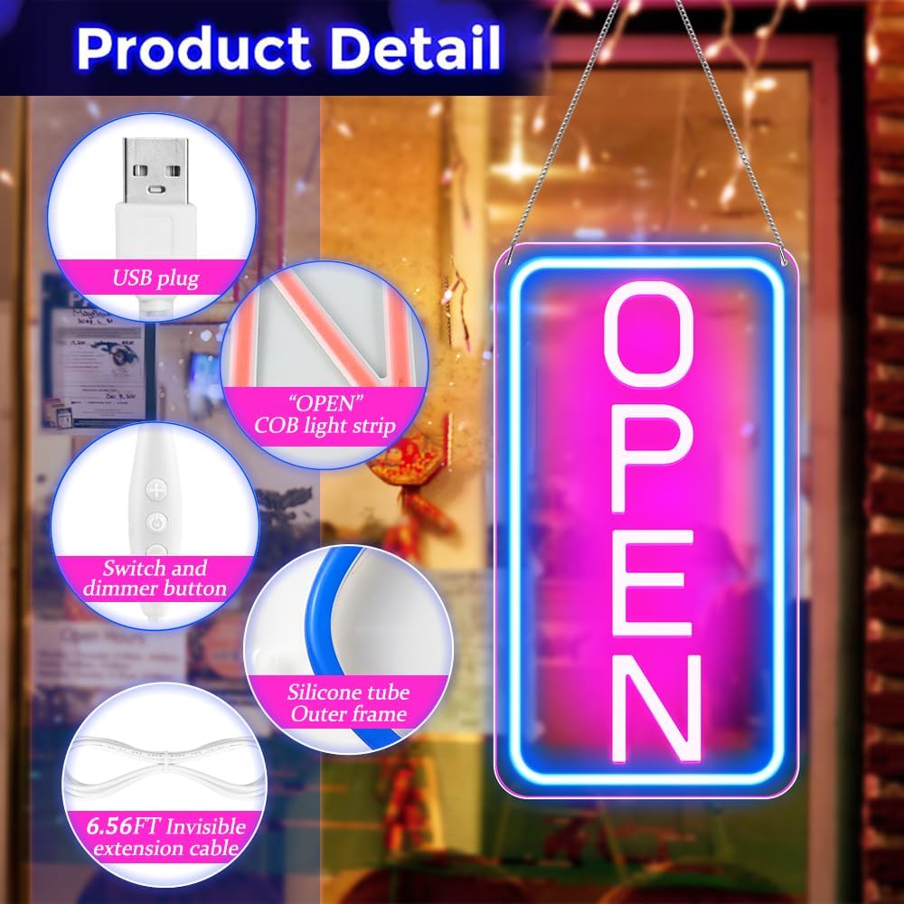 Skiennix LED Neon Open Sign - Ultra Bright 16"x9" Vertical Light Up Sign for Store Window | Blue/Pink