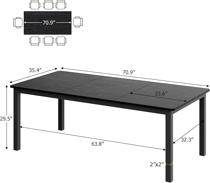 IDEALHOUSE 71 Inch Industrial Dining Table for 4-6 Person Rectangle Kitchen Table with Metal Legs,Round Corners, Writing Desk, for Modern Farmhouse, for Kitchen, Dining Room,Quick Assembly,Wood