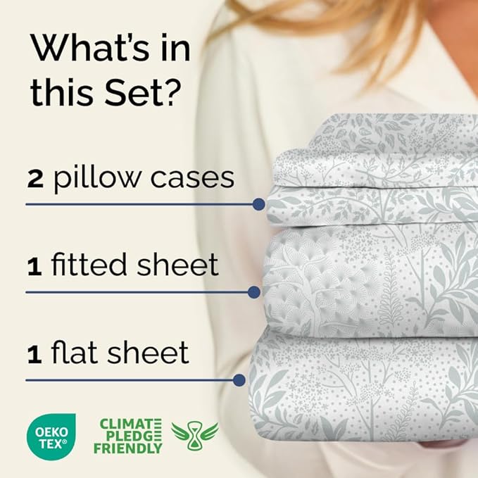 Floral Sheets - Grey Floral Bed Sheet Set - 1 Flat, 1 Fitted & 2 Pillowcases w/ Deep Pockets - Comfy, Wrinkle & Fade Free - Boho Botanical Bedding - Ultra-Soft, Breathable & Cooling - Queen Size