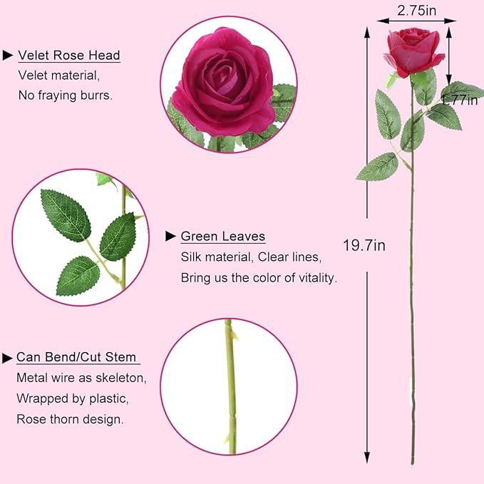 12Pcs Fuchsia Roses Artificial Flowers Fake Roses Faux Velvet Silk Flower for Home Wedding Decoration (Pearl Rose, Fuchsia)