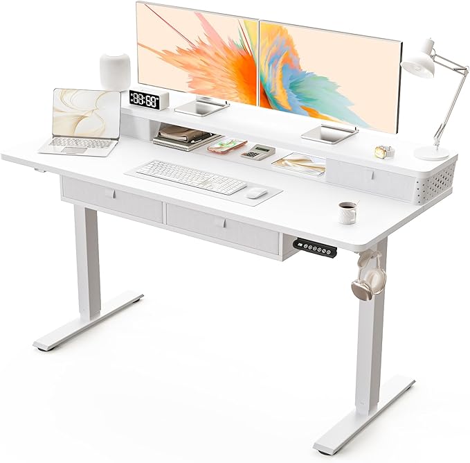 Electric Standing Desk with 4 Drawers 55''x 24'' Adjustable Height Sit to Stand Up Desk with Storage Shelf, C-Clamp Mount Compatible Black Home Office Desks Computer Gaming Table Ergonomic Workstation