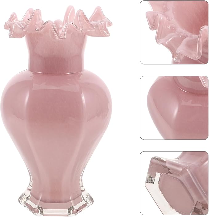 Pearlescent Handblown Glass Vase Wide Mouth Wavy Pattern Artistic Flower Pot Tabletop Glass Bud Vase for Home Dining Living Office Entryway Kitchen Pink Centerpiece Decor