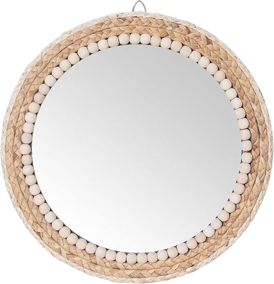 15 Inch Boho Round Hanging Wall Mirror Decorative Rattan Circle Mirrors for Farmhouse, Living Room, Bedroom
