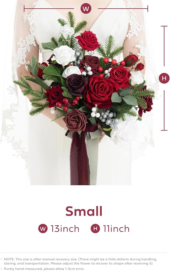 Ling's moment Christmas Red Wedding Bouquets for Bride, Xmas Winter Bridal Bouquets for Bride,13 Inch Free Form Artificial Wedding Flower Bouquet