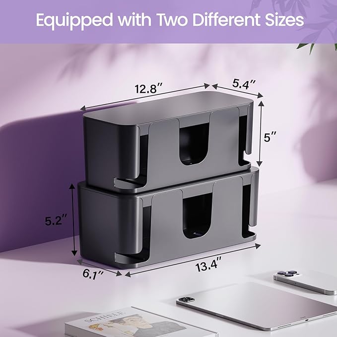 Delamu 2 Pack Cable Management Box, Stylish Black Cable Management, Pet & Child-Proof ABS Cord Box Hider, Medium and Small Cable Box for Computer WiFi Router Box Hider USB Hub, Floor Cord Covers