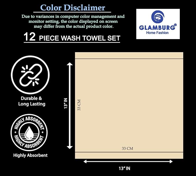 GLAMBURG Ultra Soft 12-piece Washcloths Set 13x13-100% Ringspun Cotton - Durable & Highly Absorbent Face Towels - Ideal for use in Bathroom, Kitchen, Gym, Spa & General Cleaning - Chocolate Brown