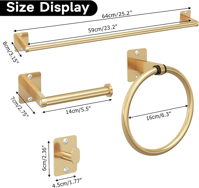 Bathroom Accessories Set, KLJKPA 4 Pieces Gold Bathroom Hardware Set, 24 inch Towel Bar, Towel Racks for Bathroom, Robe Towel Hooks, Toilet Paper Holder Wall Mounted