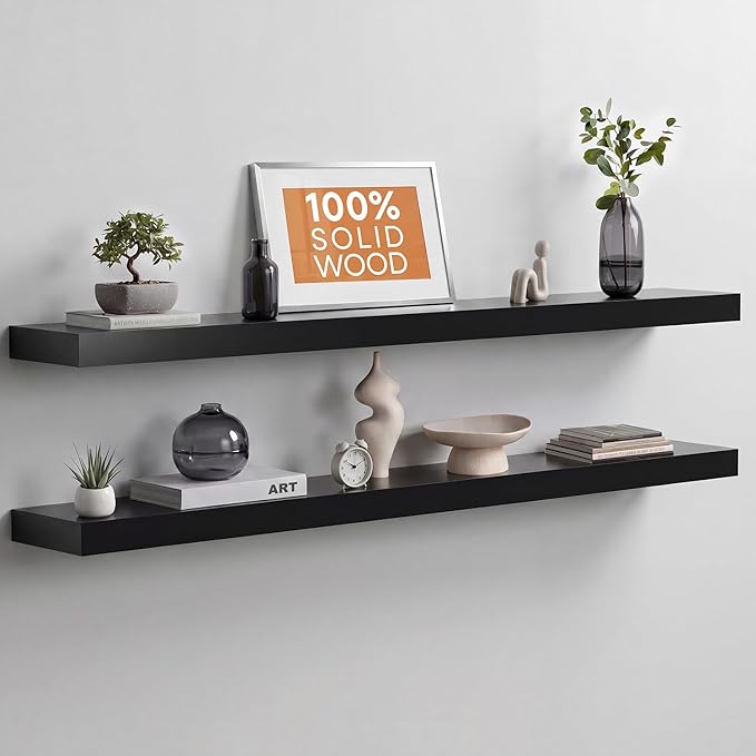 Homeforia Black Floating Shelf 48 inches, High End Solid Real Wood 48 inch Long Floating Shelves for Wall, Black Wooden 48inch Large Floating Shelves, Heavy Duty Bracket, 48 X 6.5 X 1.75 in, Set of 2