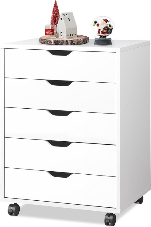 DEVAISE 5-Drawer Filing Cabinet - Under Desk Wood Storage with Wheels | Modern White Design
