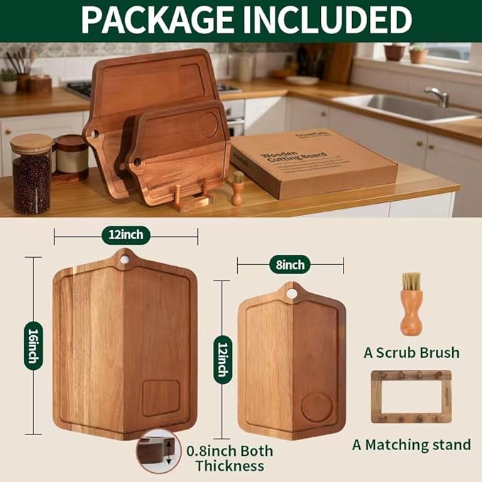 Acacia Wood Cutting Board Set of 2 (16x12, 10x8) Wooden Cutting Boards for Kitchen Non Toxic Dishwasher Safe Non Slip, Extra Large Cutting Board for Meat, Charcuterie, Chopping