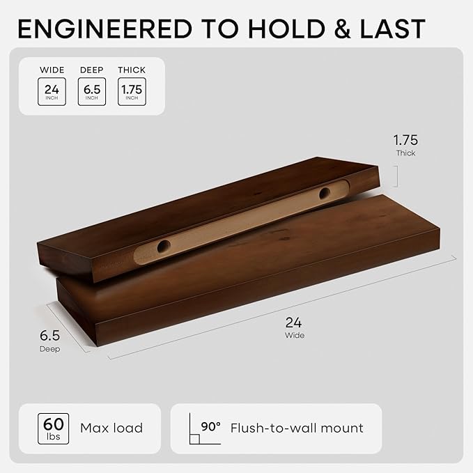 Homeforia 24inch Walnut Floating Shelves for Wall, High End Solid Real Wood 24in Floating Shelf for Bathroom, Dark Brown 24 inch Long Floating Shelves, Heavy Duty Bracket, 24 X 6.5 X 1.75 in, Set of 3