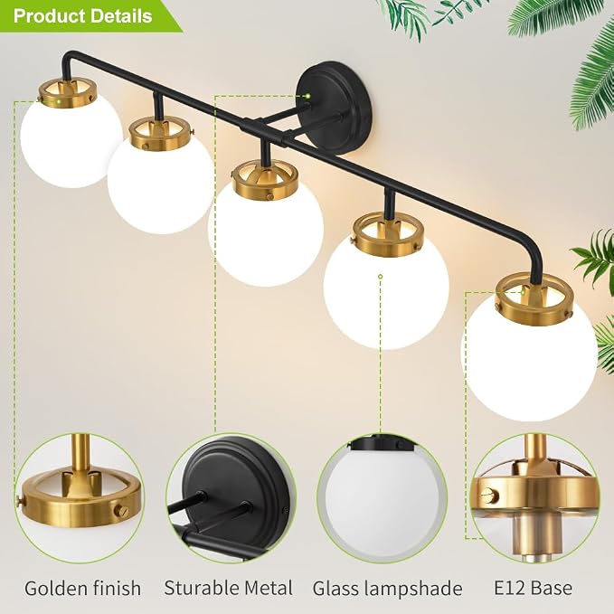 Black Gold Bathroom Light Fixtures Over Mirror, Modern Vanity Lighting with Milk White Glass Globe Shades 5-Light Farmhouse Wall Sconce