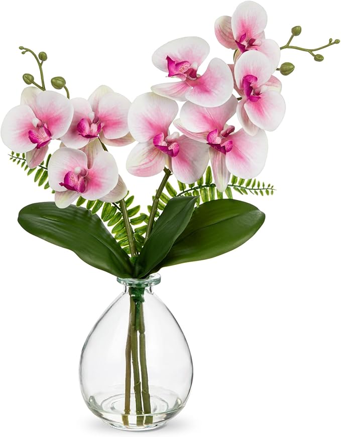 Oairse Pink Orchids Artificial Flowers, Faux Orchid in Glass Vase Real Touch Small Phalaenopsis Orchid Flowers Arrangements with Clear Vase Orchids Centerpiece for Dining Room Table