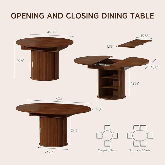 DHH 47"-63" Extendable Round Dining Table for 4–8 with Storage, Mid Century Modern Farmhouse Wood Oval Dinner Table with Pedestal Base for Kitchen, Living Room (Walnut)