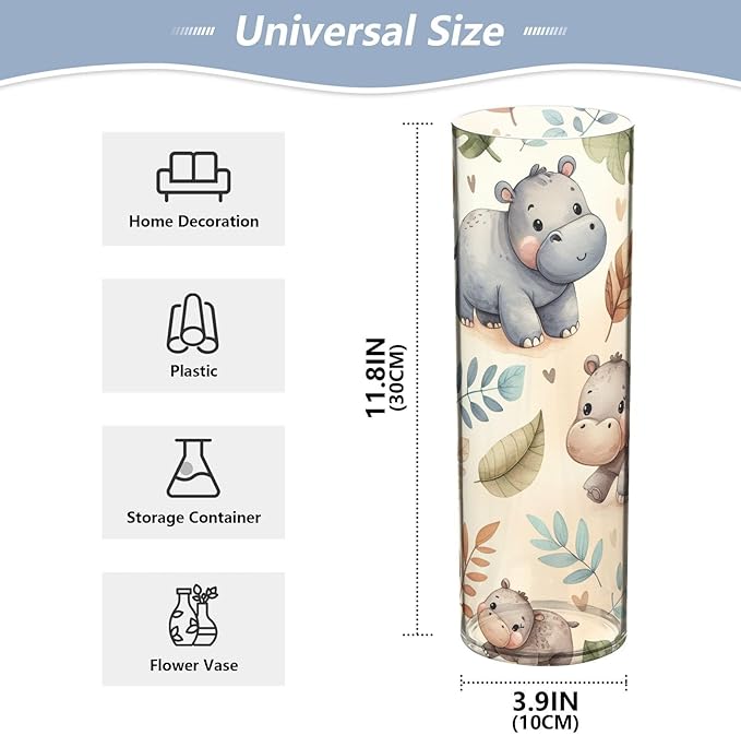 Cute Hippos Flower Vase 3.9" x 11.8" Modern Cylinder Acrylic Vases for Table Centerpiece Kitchen Home Shelf Office Decor