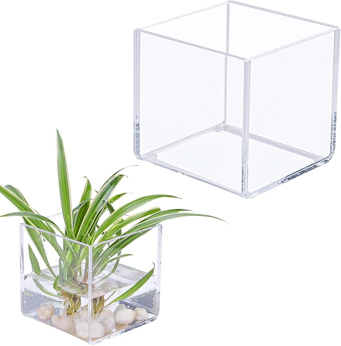 Kamehame Clear Vase 2 Pcs Acrylic Vase, 4''x4''x4'' Succulent Pots Planters, Square Cube Vases for Centerpieces, Flower Vase for Home Office Wedding Floral Decor, KA22001