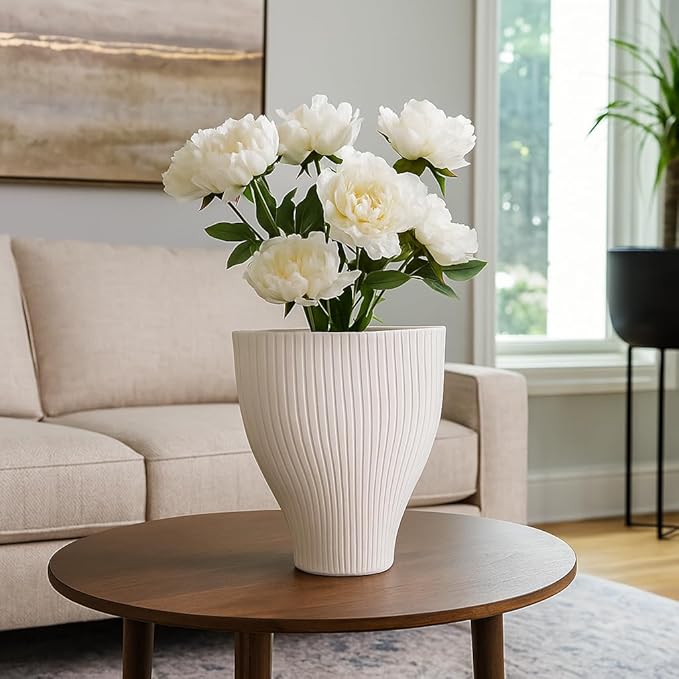 Ceramic Vase for Home Decor – Elegant Flower Vase for Living Room, Table Accent, or Bedroom Decor – 3D Printed Accent Piece for Office, Room, or House Styling – 14” Ivory