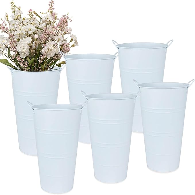 12 Inch Galvanized Metal Vases for Flowers - 6 Pcs Farmhouse Decorative Tall Flower Bucket with Handles, Rustic French Tin Planter Buckets for Wedding Decor (Pure White)