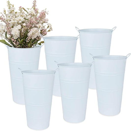 12 Inch Galvanized Metal Vases for Flowers - 6 Pcs Farmhouse Decorative Tall Flower Bucket with Handles, Rustic French Tin Planter Buckets for Wedding Decor (Pure White)